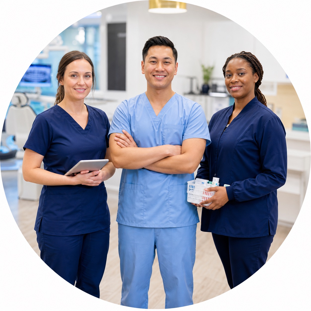 A diverse healthcare support team in a bright professional clinic