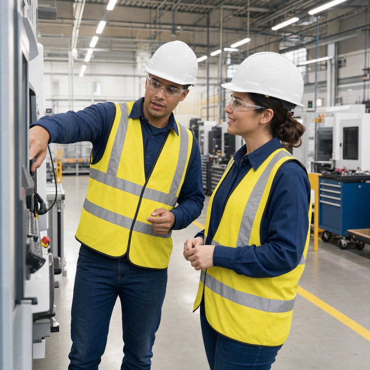 Workers collaborating in a modern skilled-trades and manufacturing environment